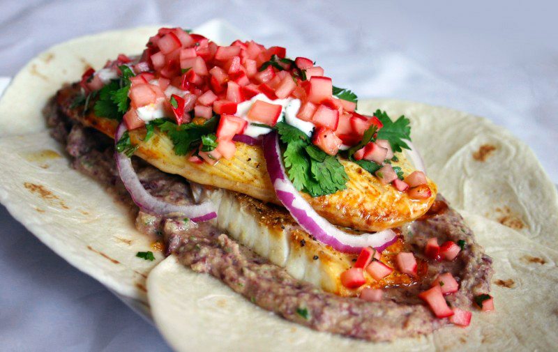 Fish tortilla with a citrus & vanilla gastrique radish salsa