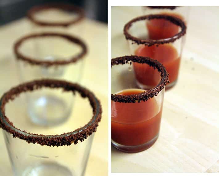 tomato mezcal cocoa shot glass