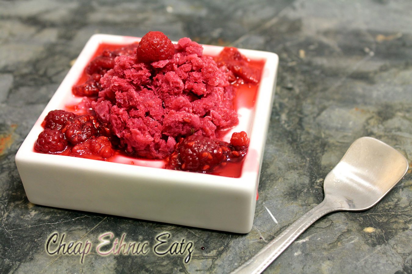 Raspberry Granita and its Warm Sauce spoon