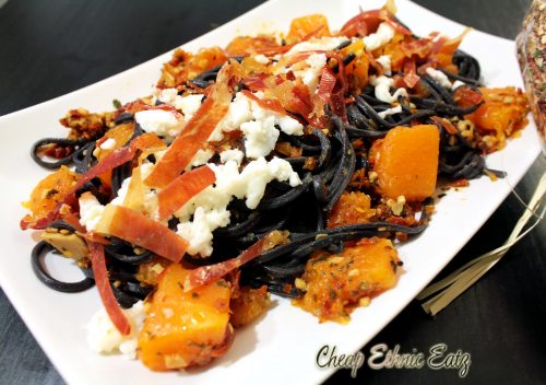 Squid Ink Pasta with Pumpkin and proscuitto
