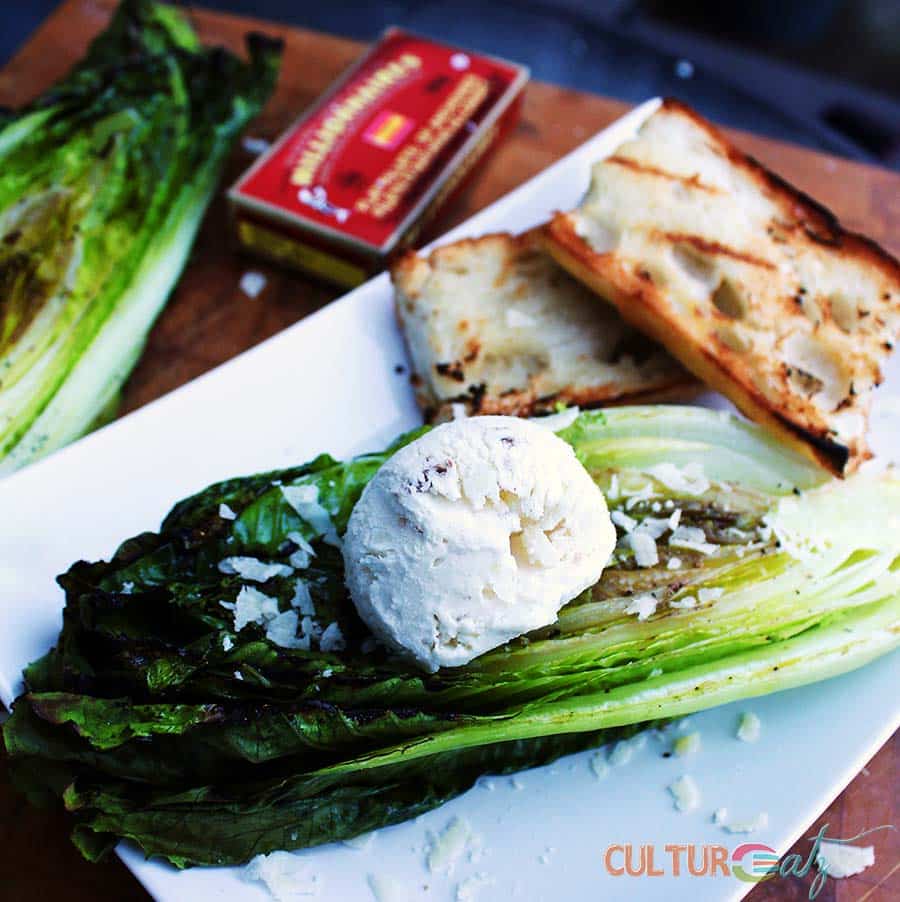 Anchovy Ice Cream on Grilled Caesar Salad