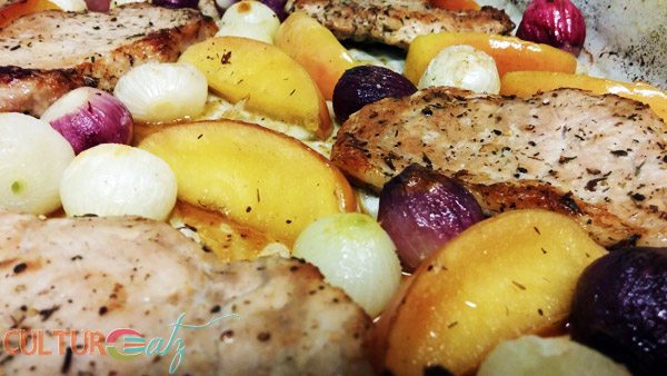 Pork Chops with Roasted Apples Pearl Onions and Thyme