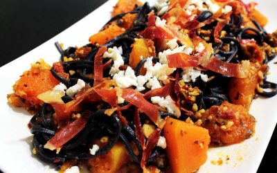 Halloween Squid Ink Pasta with Pumpkin & Cured Epidermis