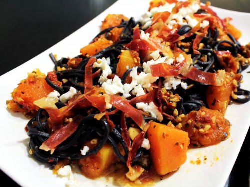 Squid Ink Pasta with Pumpkin and proscuitto