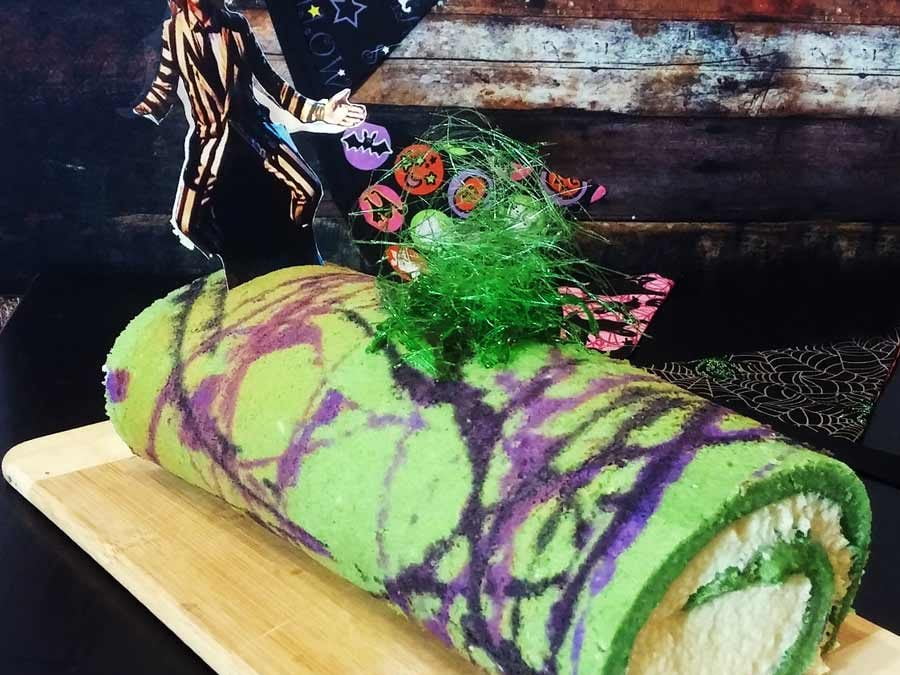Beetlejuice Swiss Roll Cake for Halloween