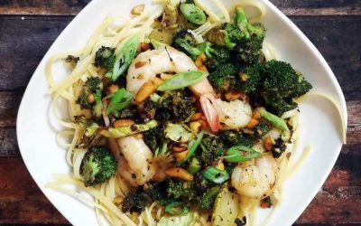 Charred Broccoli Shrimp Pasta with Peanuts