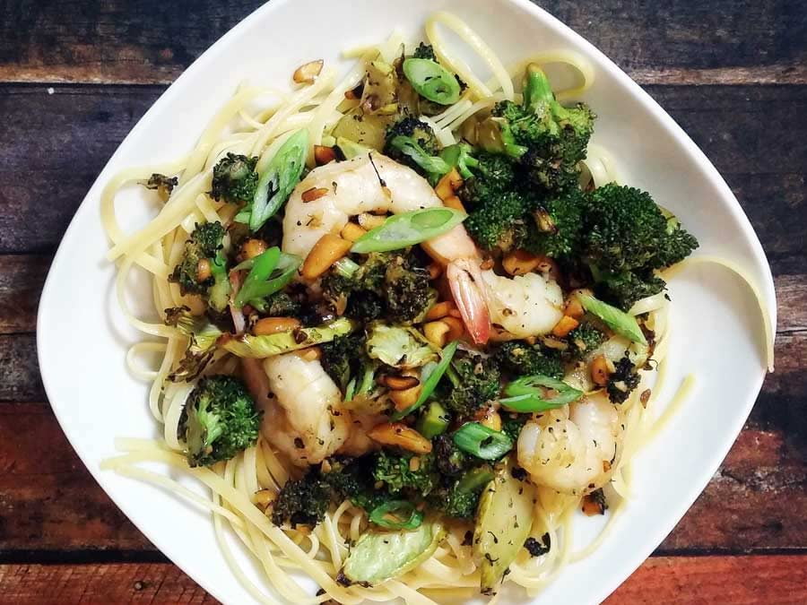 Charred Broccoli Shrimp Pasta with Peanuts