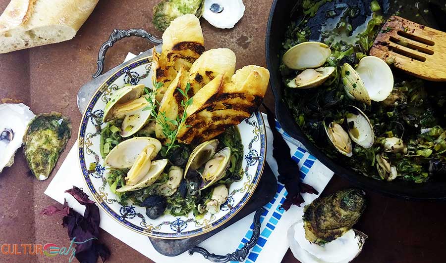 Sauteed Clams Oysters and Snails with Sea Greens