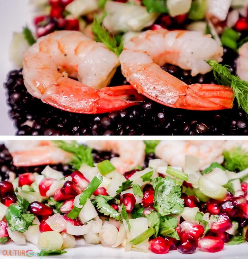 Shrimp Bedded on Beluga lentils Snuggled by Pomegranate Fennel Salsa