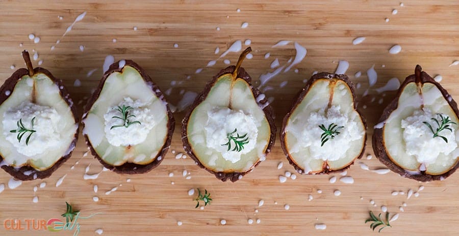 Ricotta Stuffed Baked Pear Halves in Chocolate Pie Crust and a Rosemary Glaze