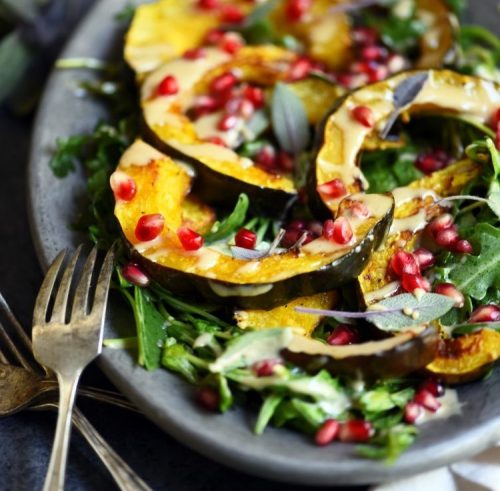 Roasted Acorn Squash Salad with Maple Cinnamon Tahini Dressing