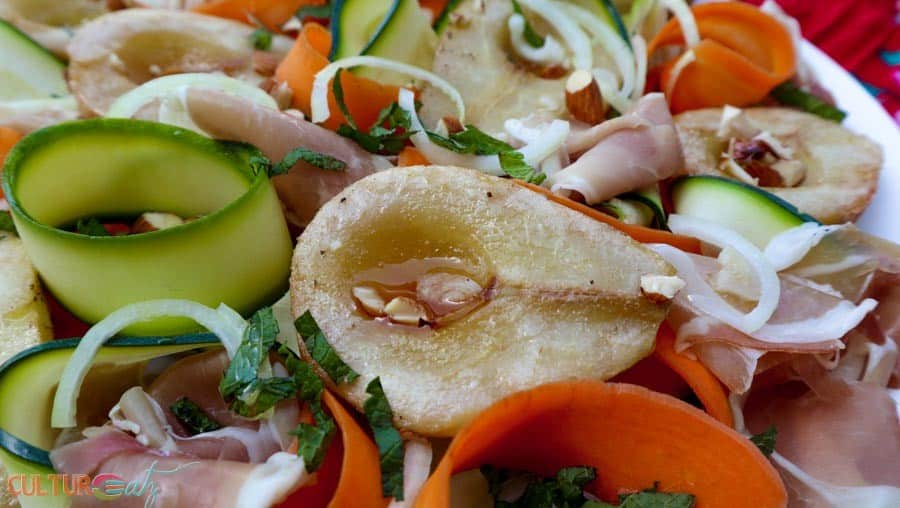 Roasted Pear Salad with Marinated Carrot Zucchini Ribbons close