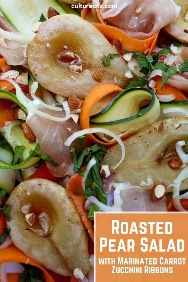 Roasted Pear Salad with Marinated Carrot Zucchini Ribbons