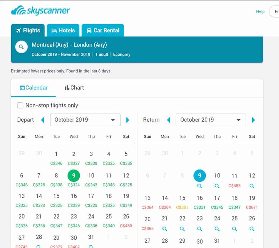 skyscanner Whole Month dates