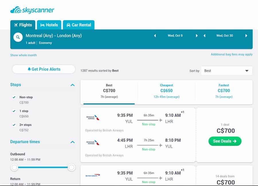 skyscanner fare results