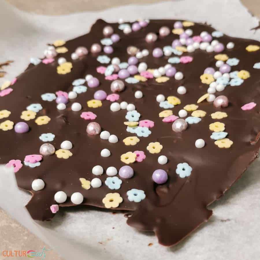 Chocolate Bark with Easter pastel sprinkles