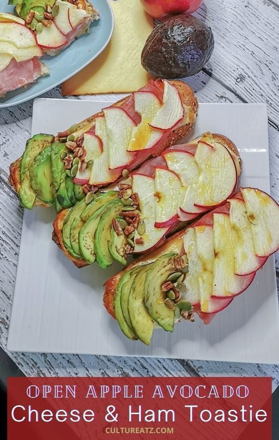 Open Apple Avocado Cheese and Ham Toastie with Honey